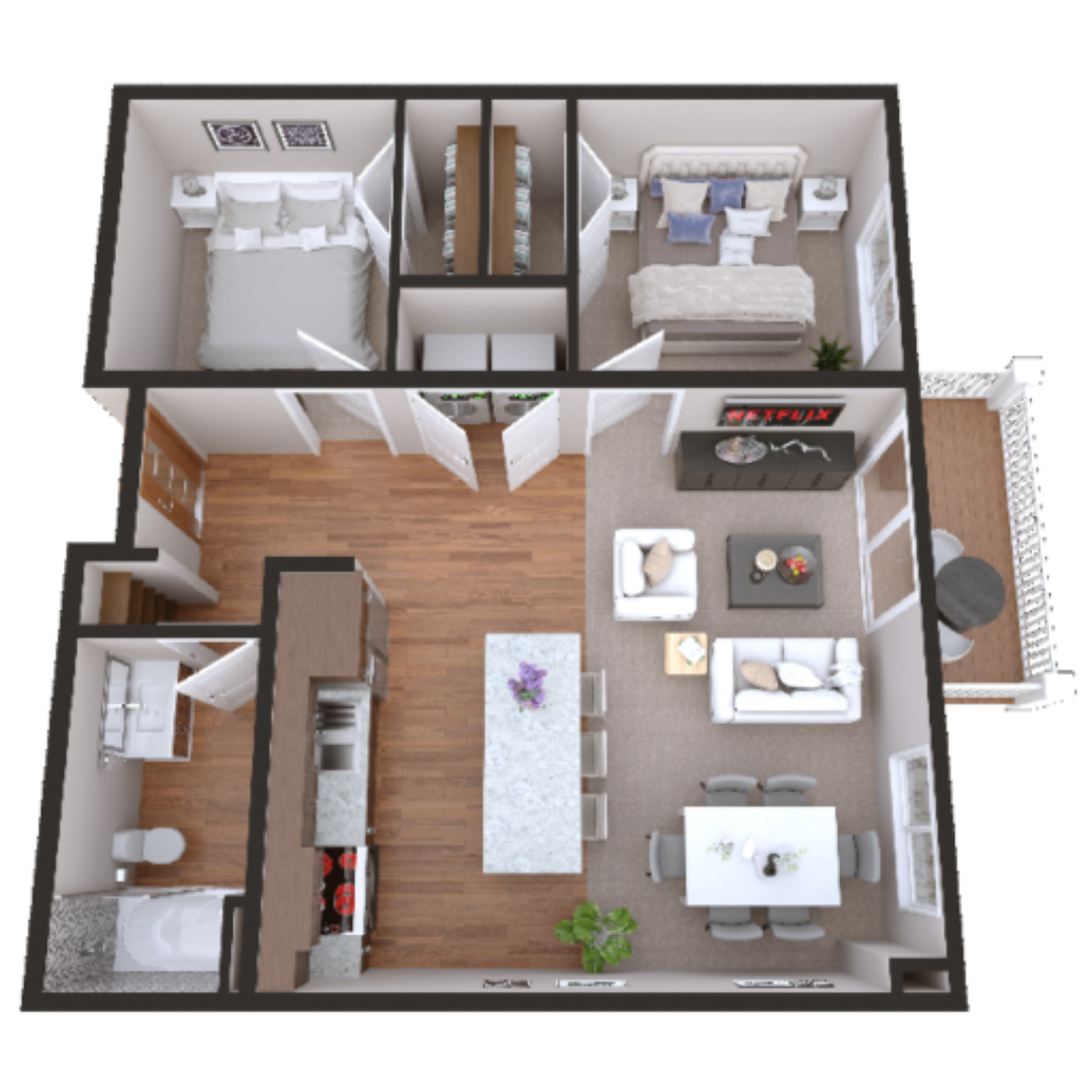 Floor plan for 2 beds, 1 bath, 790 sqft